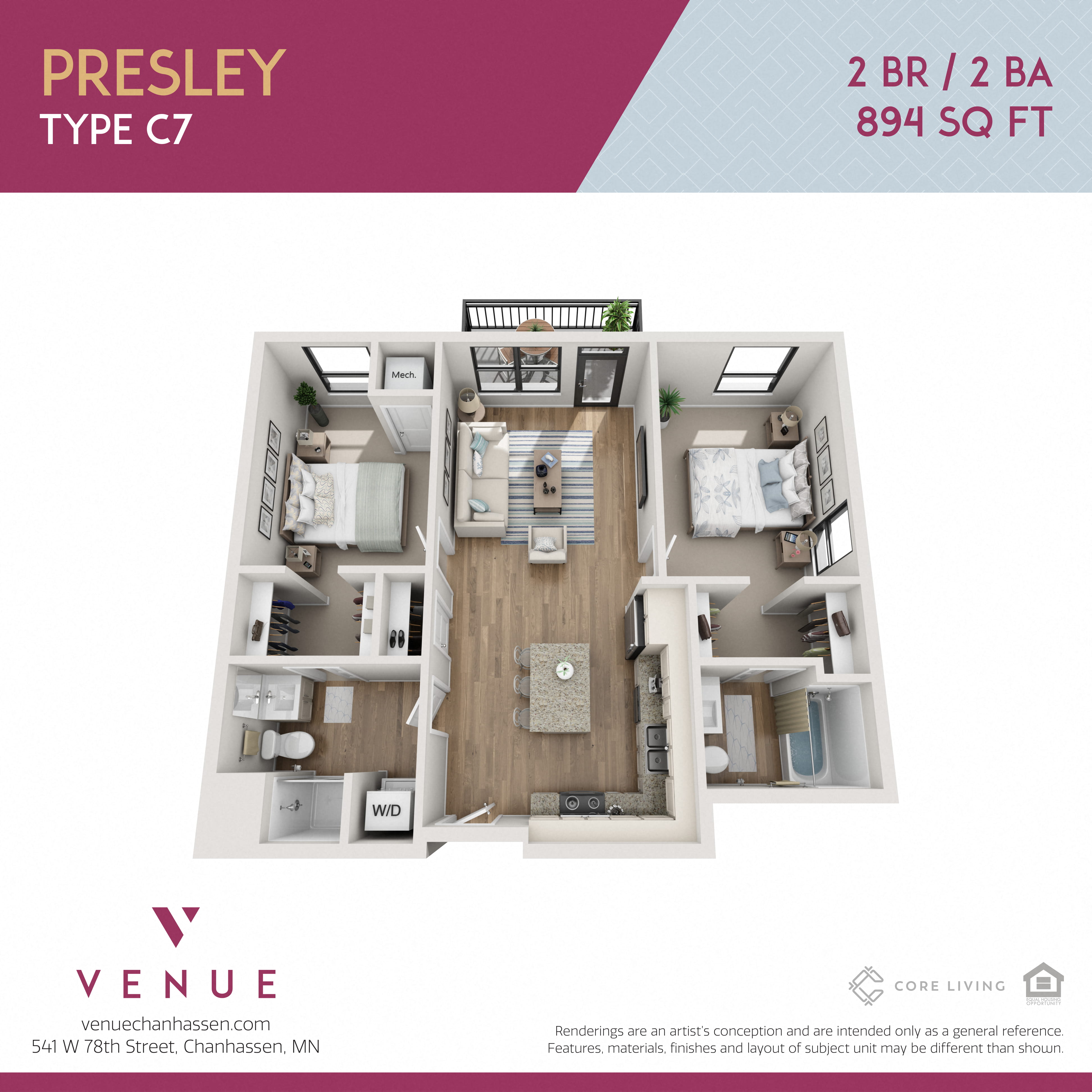 3D 2 Bed Floorplan for Venue Apartments in Chanhassen, MN