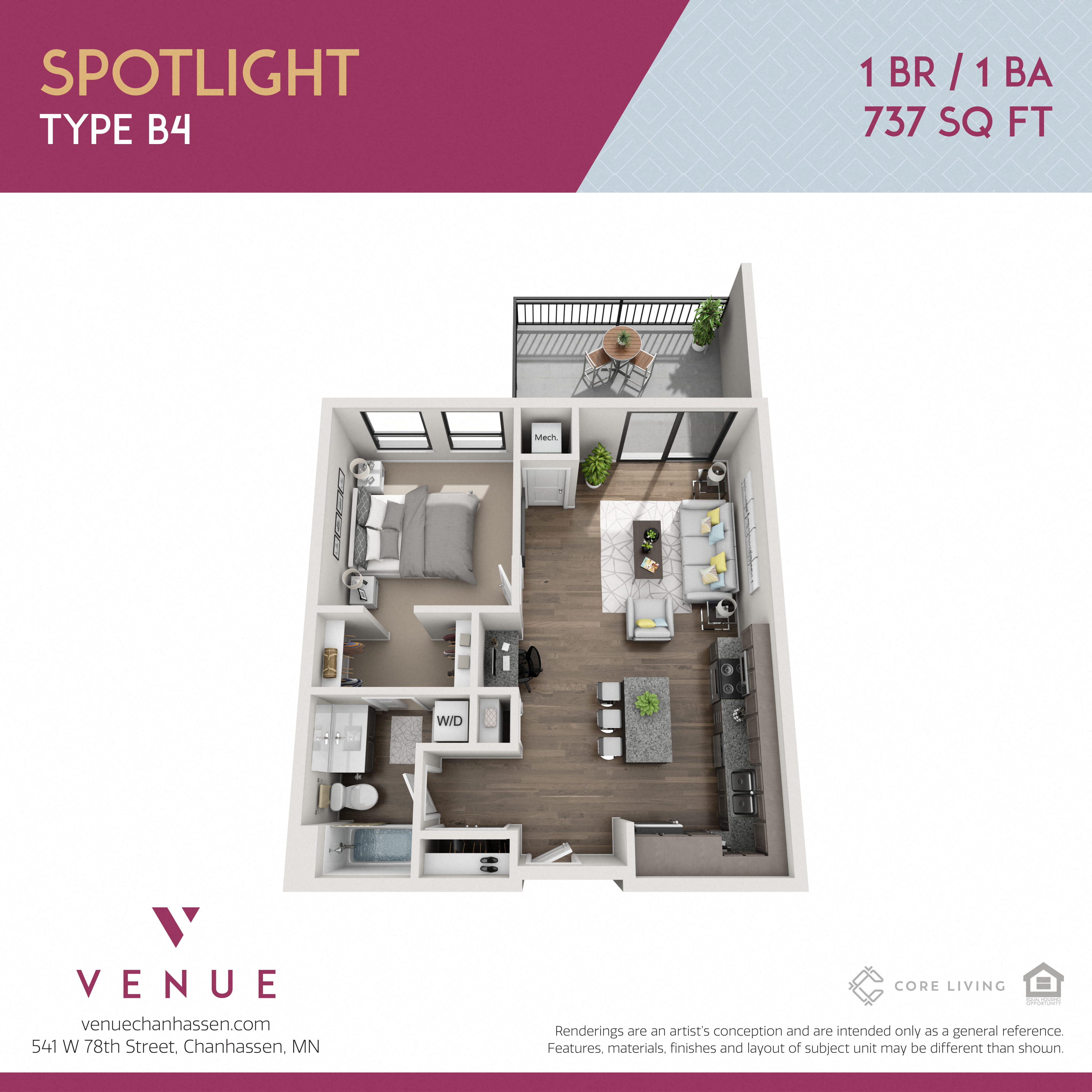 3D 1 Bed Floorplan for Venue Apartments in Chanhassen, MN