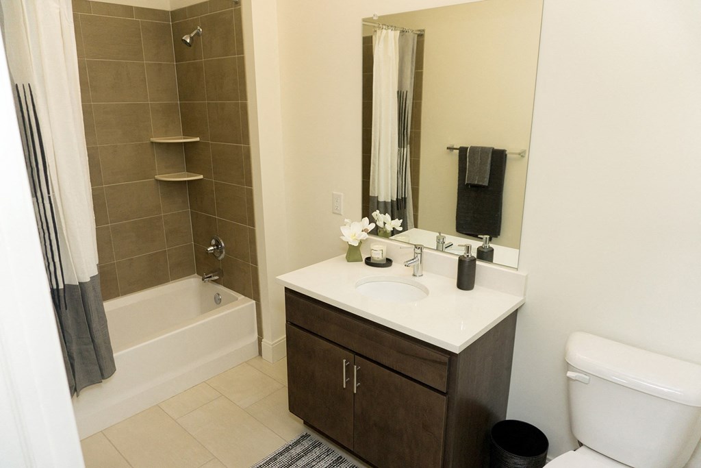 a bathroom with a sink and a shower and a toilet