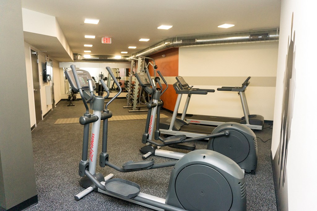 a gym with cardio machines and weights on the floor