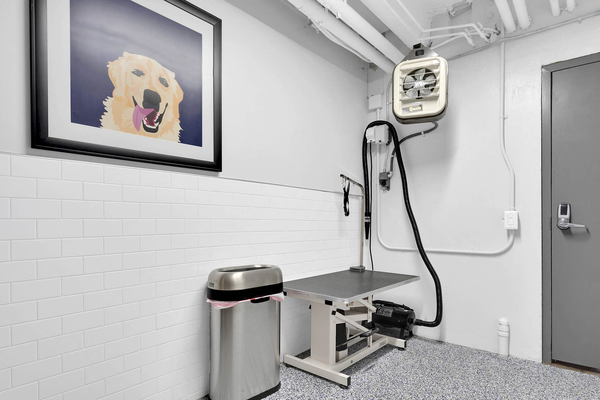 a bathroom with a shower and a painting of a dog on the wall