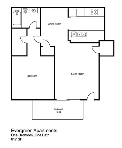 One Bedroom One Bath, 617-628 sq. ft.