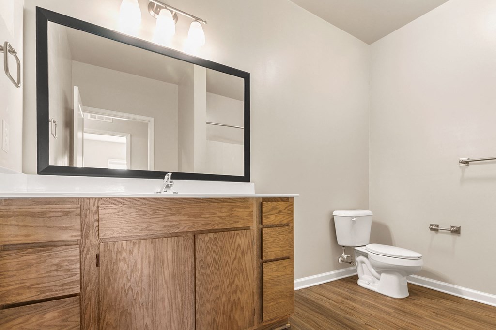 a bathroom with a toilet and a large mirror