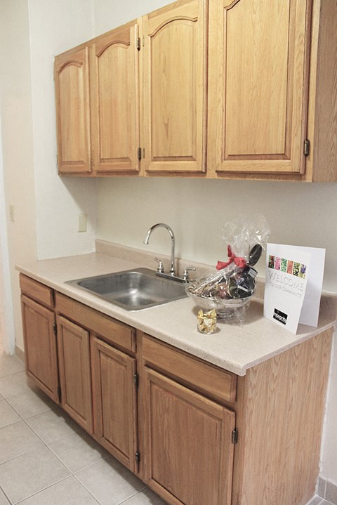 a kitchen counter with a sink and wooden cabinets