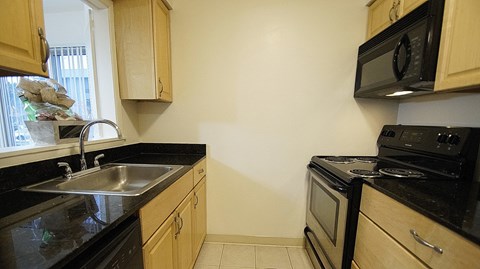 a kitchen with a sink and stove and a window