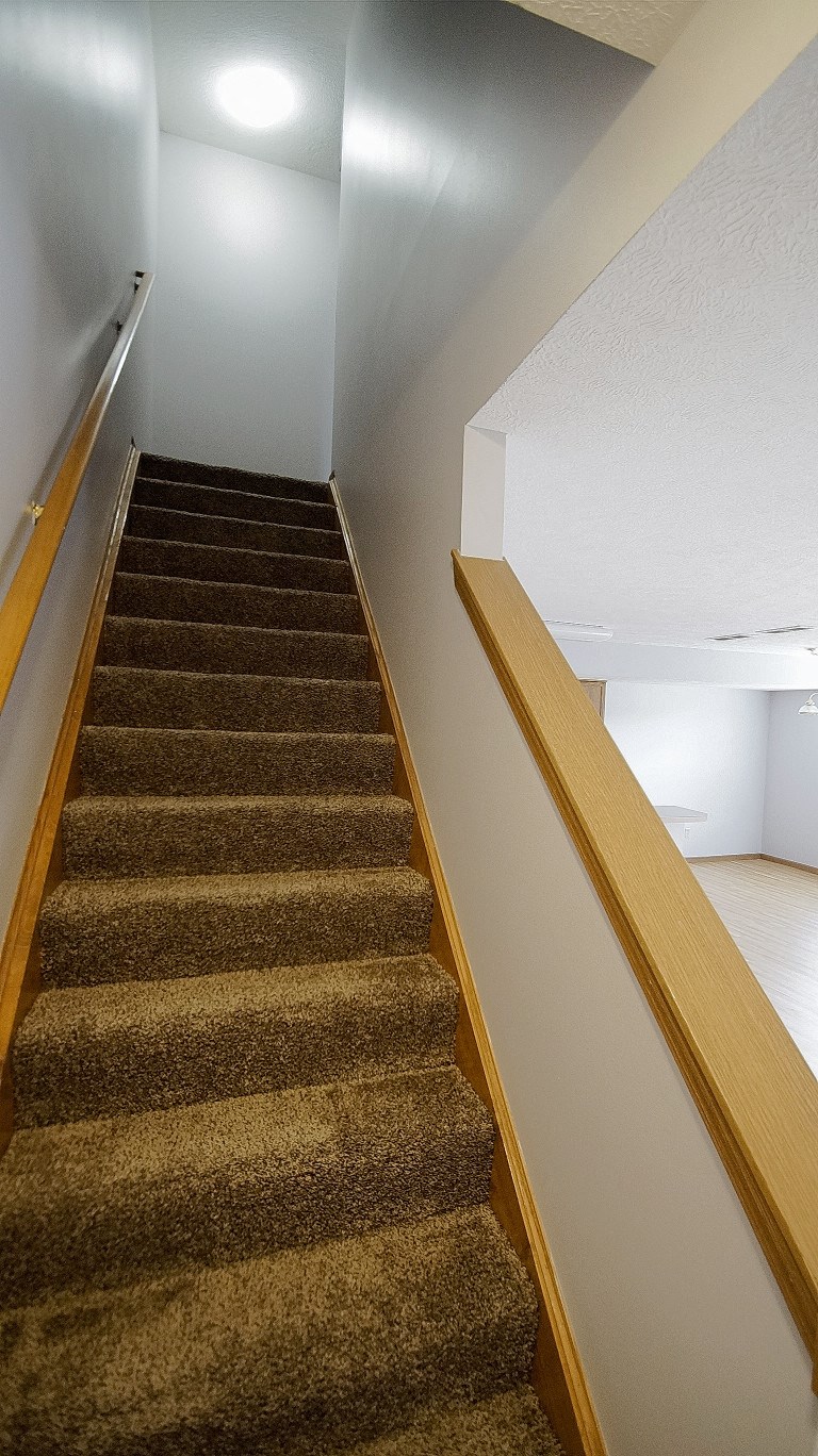 a set of stairs with carpet and a wooden railing