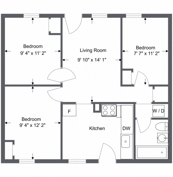 3 Bedroom 1 Bath floor plan