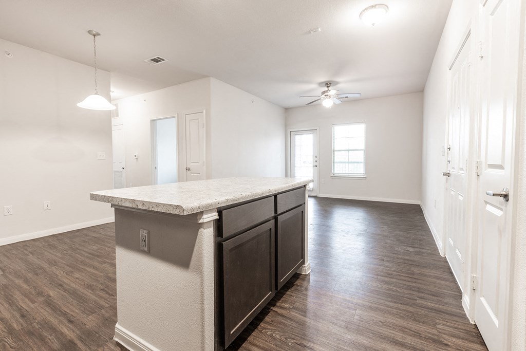 a renovated kitchen with a counter top in a new home