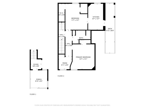 A floor plan for a home with a primary bedroom, bath, and kitchen.