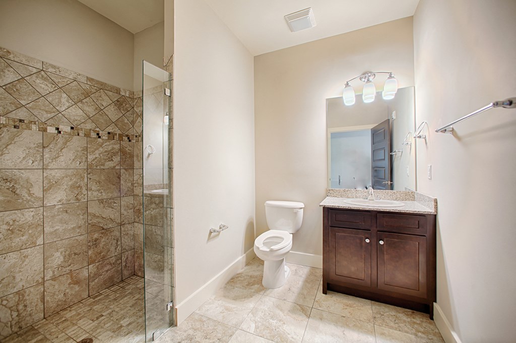 a bathroom with a shower toilet and a sink