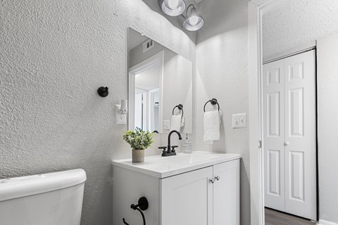 a white bathroom with a sink and a mirror