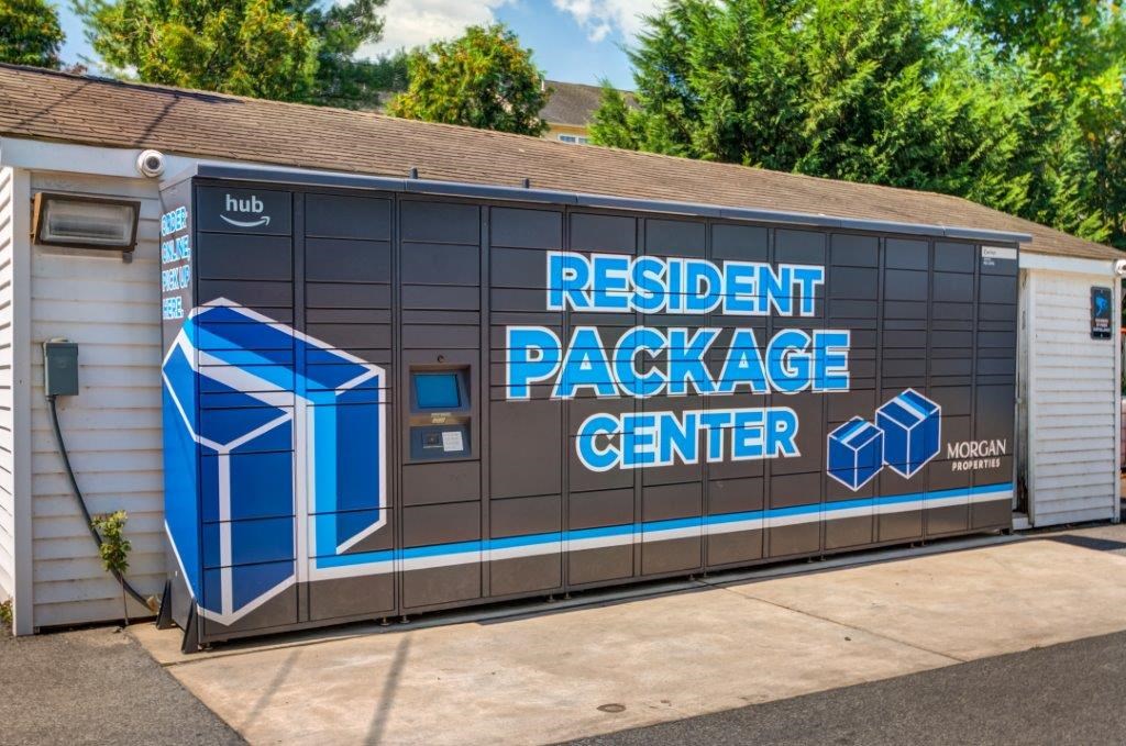 a building with a resident package center sign on it