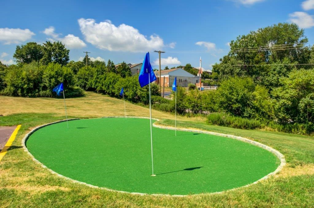 a green golf course with three flags on it