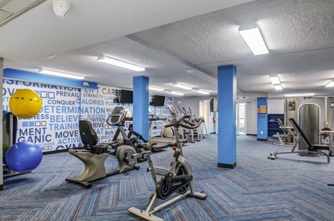 a gym with cardio machines and weights at the courtyard