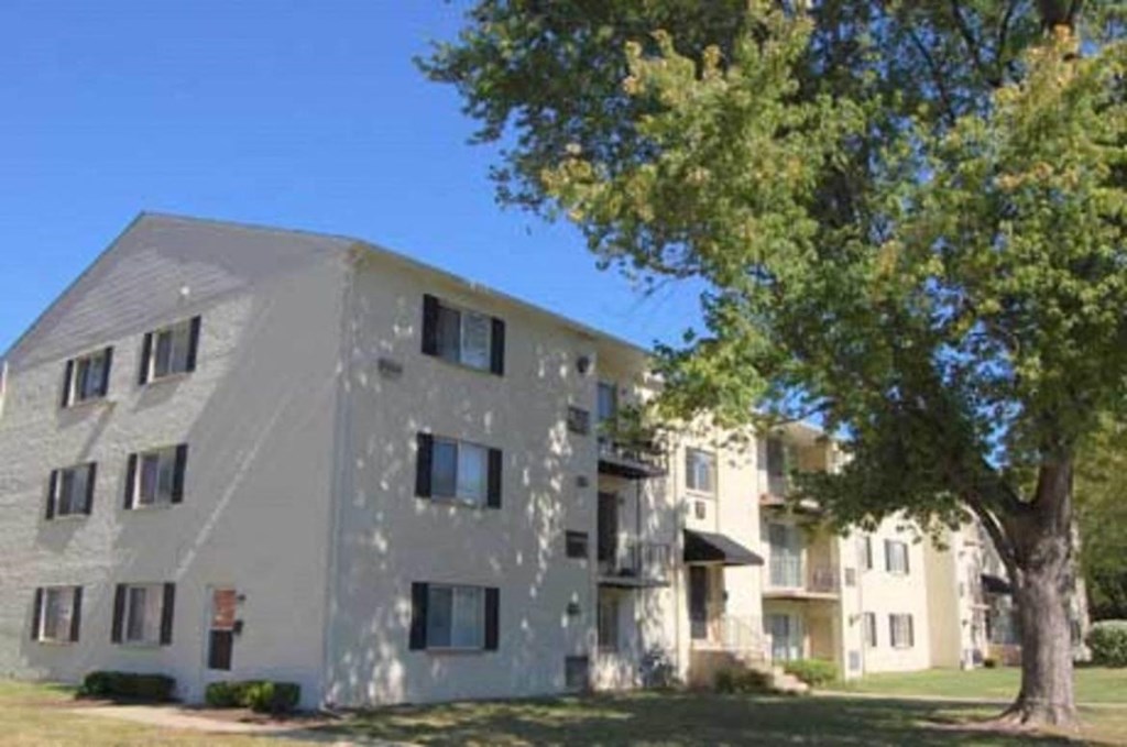 a white building with a tree in front of it