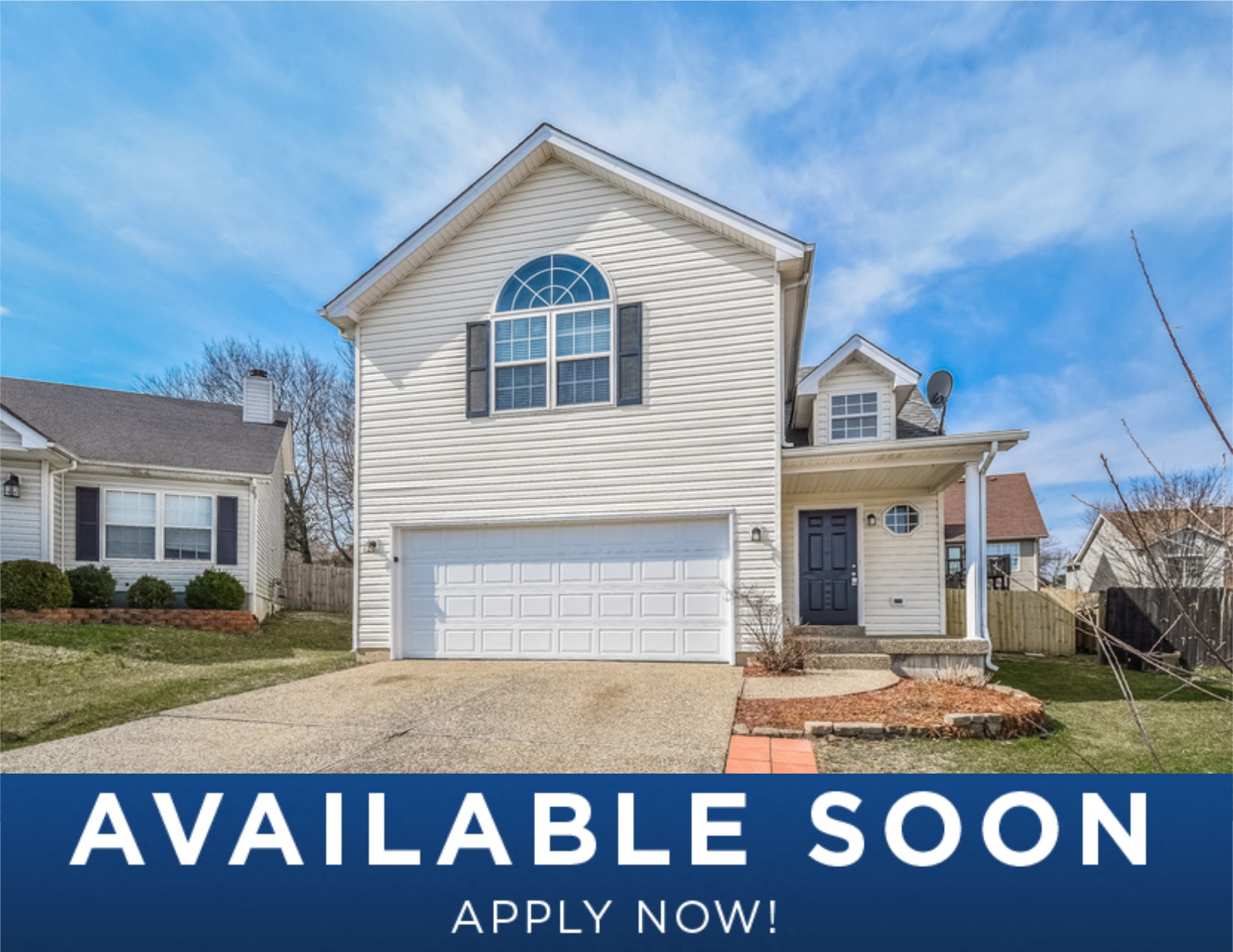 a white house with a white garage door and the words available soon