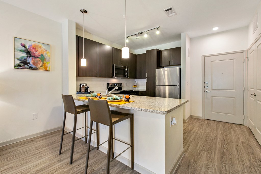 Apartments for Rent San Marcos, TX - Sadler House Apartments - Kitchen with Wood-Inspired Plank Flooring, Granite Countertops, Stainless Steel Appliances, a Built-In Microwave, and Dark Wood-Inspired Cabinets