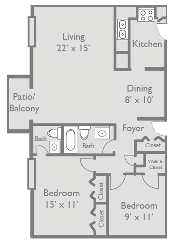 B2 floor plan of a two-bedroom apartment at Axis at Westmont