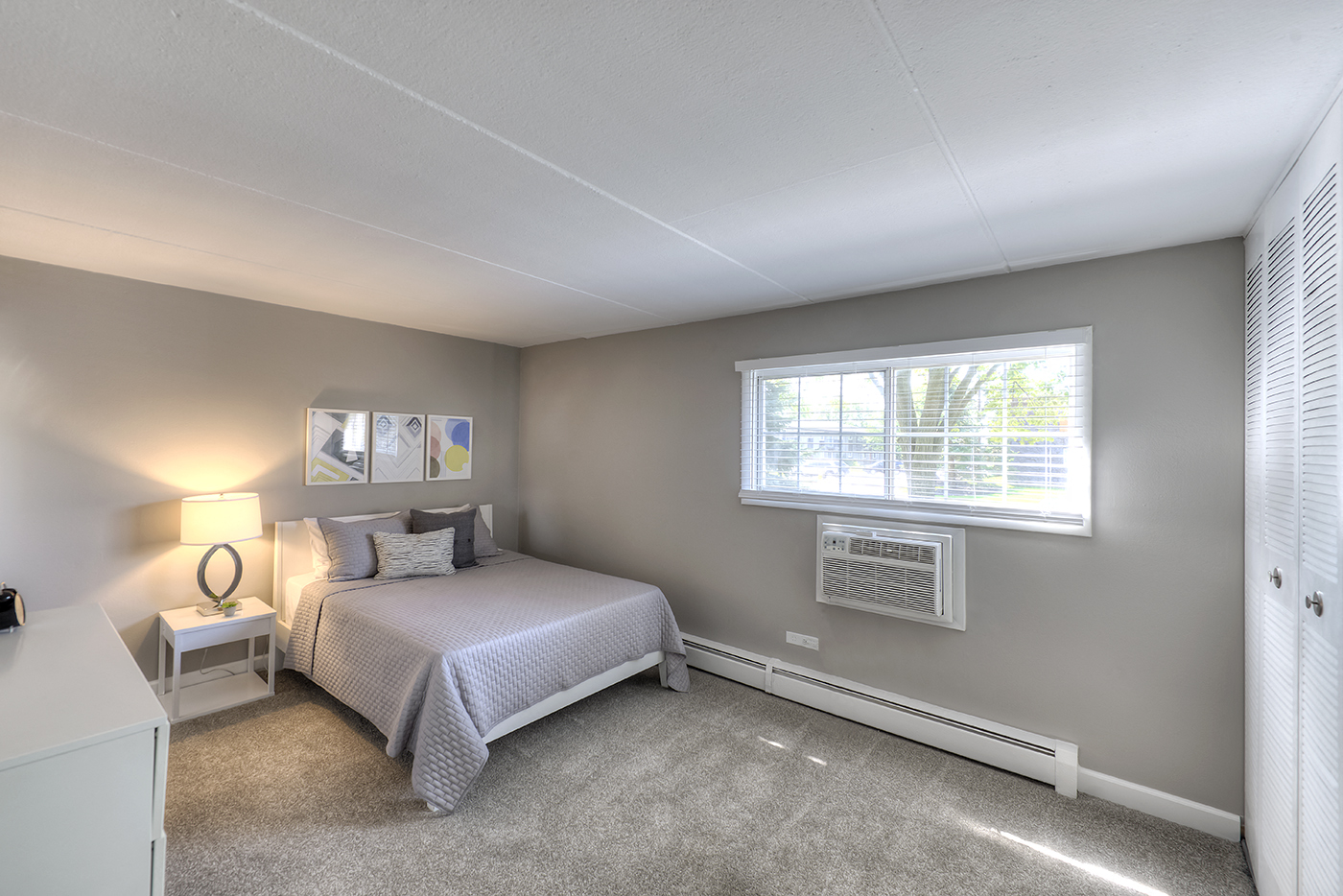 furnished apartment bedroom with carpeting