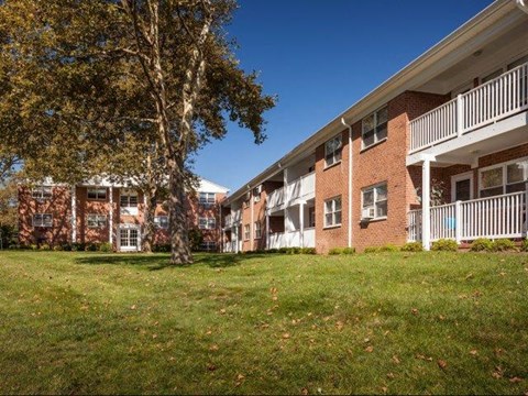 an apartment building with green grass and a tree