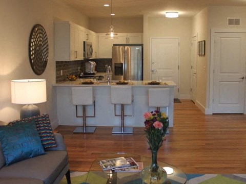 a living room with a kitchen and a couch