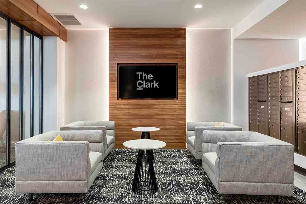 the lobby of the clark with couches and tables