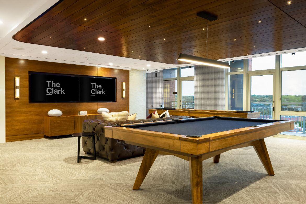 a games room with a pool table and a television