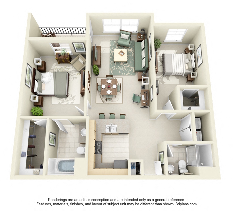 2 Bed 2 Bath 2x2 Floor Plan 1074 sq ft at Domaine at Villebois , Oregon