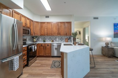 Apartments for Rent in Scottsdale, AZ - Desert Parks Vista Kitchen with stainless steel appliances and modern dark wood cabinets
