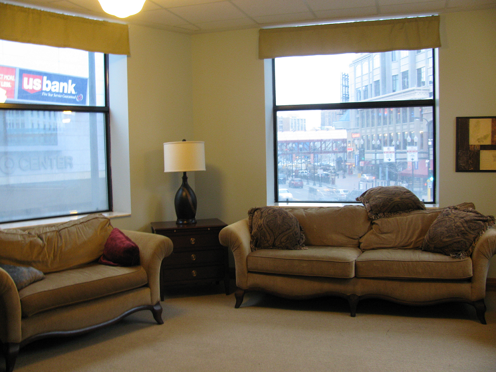a living room with two couches and two windows