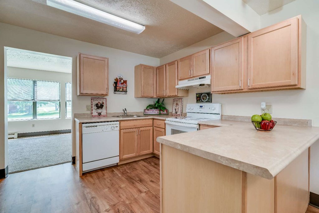 a kitchen with wooden cabinets and a counter top