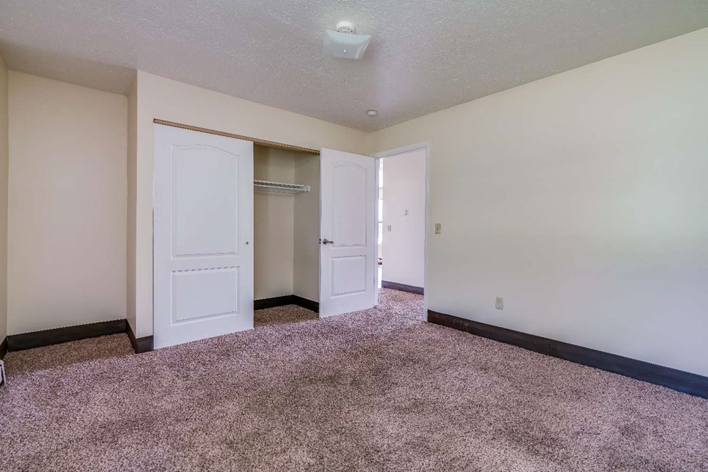 a bedroom with a closet and a carpeted floor