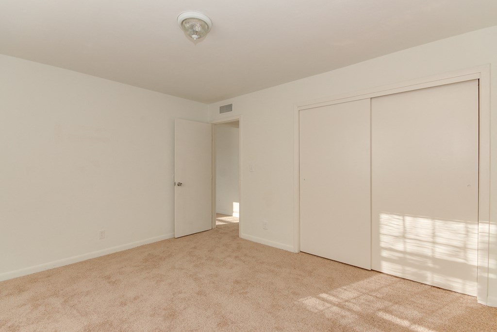 a bedroom with white walls and white closets and carpet