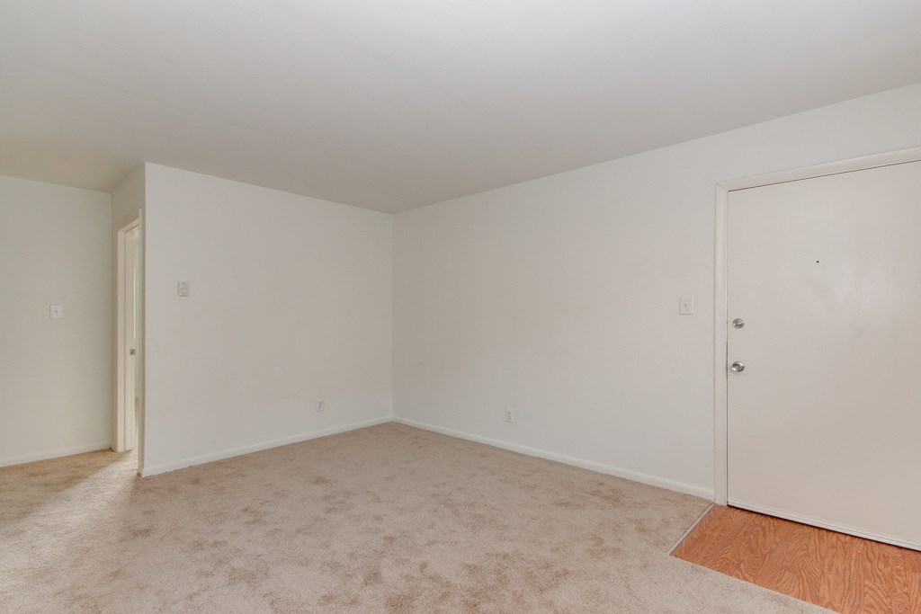 a bedroom with a carpeted floor and a door to a closet