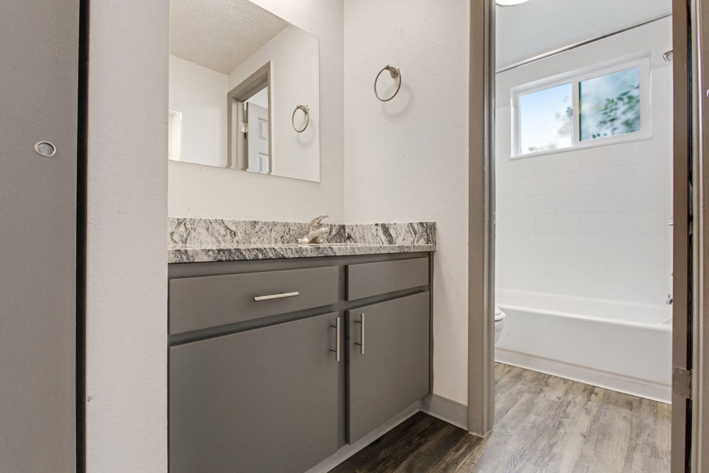 the guest bathroom has a large mirror and a large vanity with gray cabinets