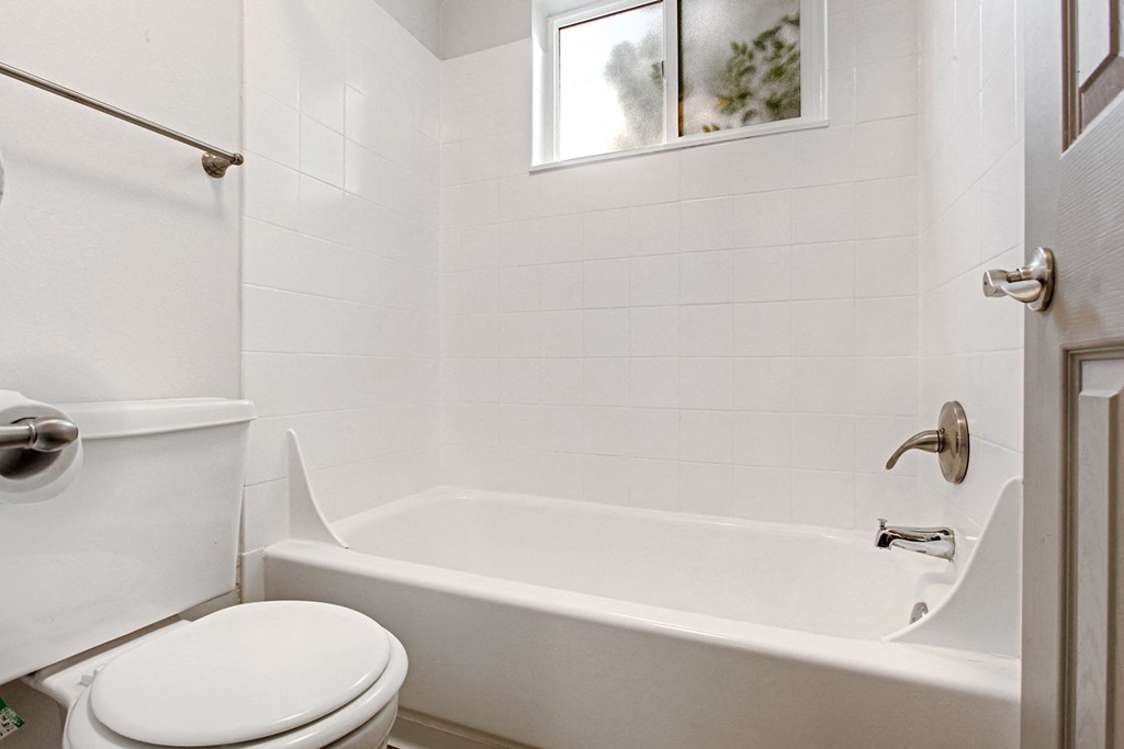 a bathroom with a toilet and a tub and a window