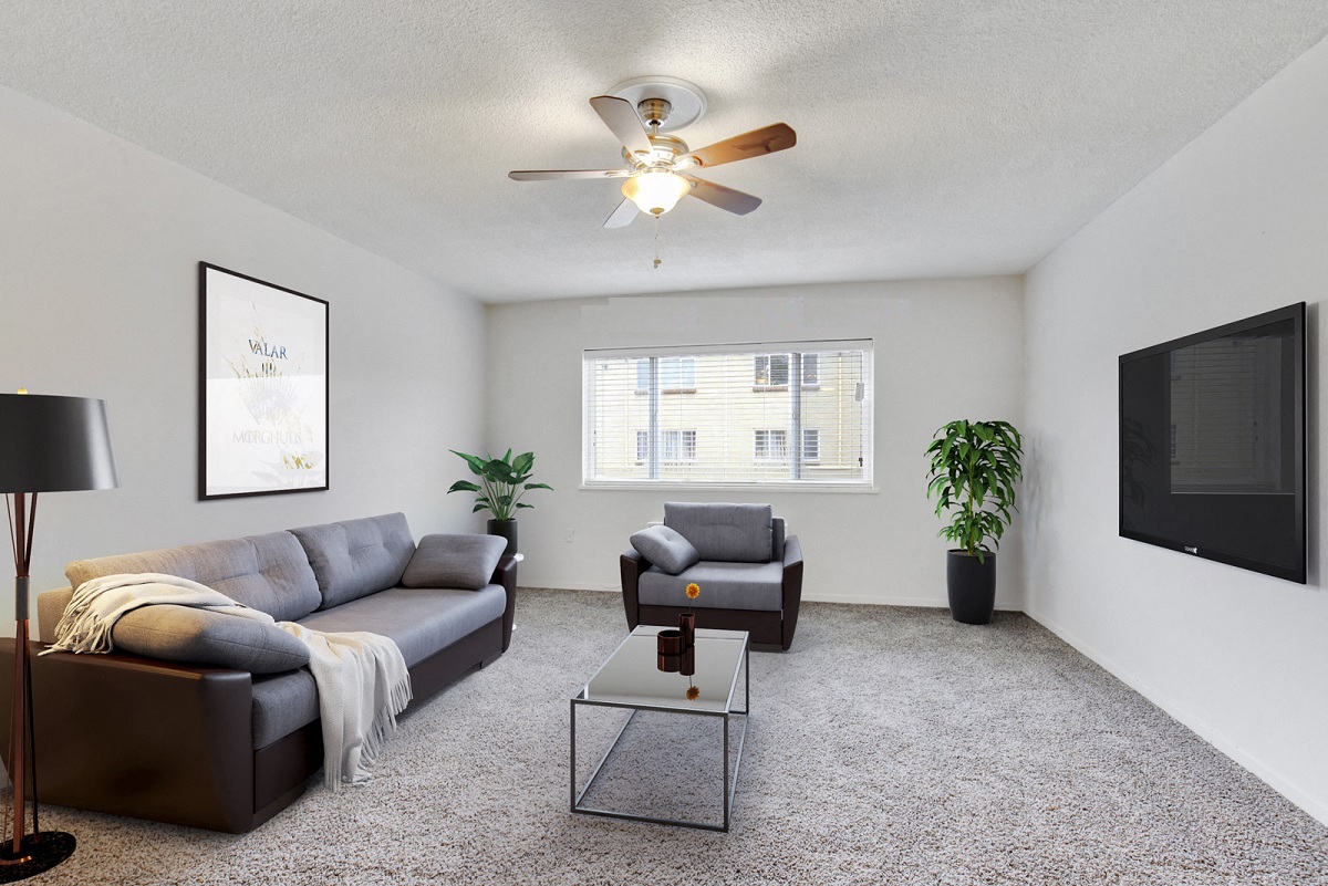 a living room with a couch and a tv