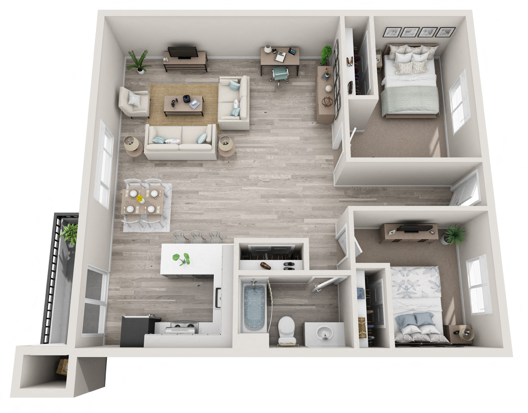 a two bedroom apartment floor plan at 3030 Lake City in Seattle, WA.