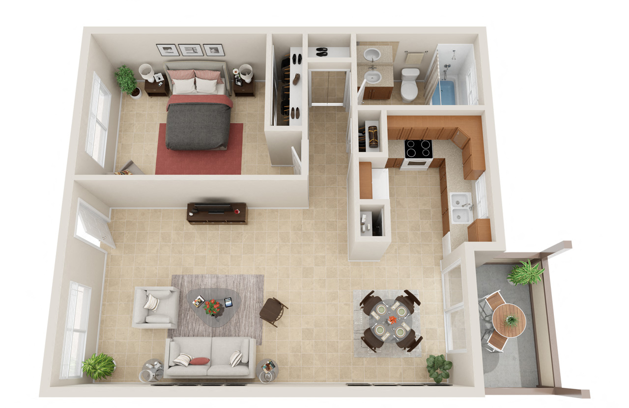 one bedroom floor plan including a private patio  at Pacific Sands, San Diego, CA