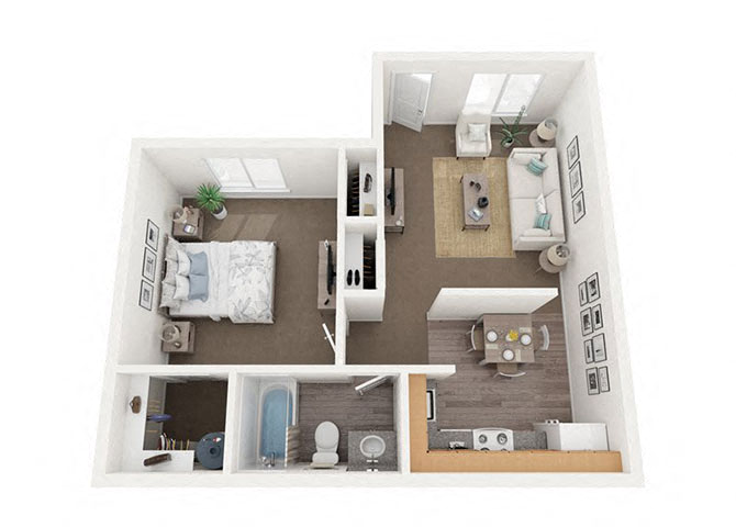 Staged 1 bedroom floor plan.at Park View Apartments, Washington