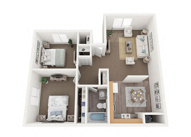 Staged 2 bedroom floor plan.at Park View Apartments, Washington, 98801