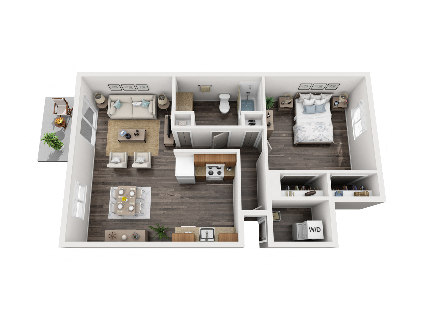 One bedroom floor plan with open concept layout.