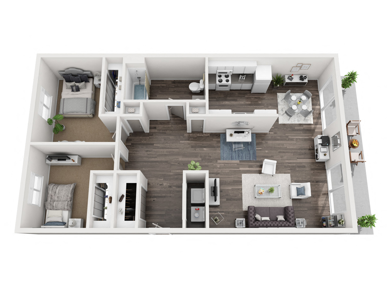 2 bedroom floor plan with virtual staging at Woodcreek Apartments in Poulsbo, WA.