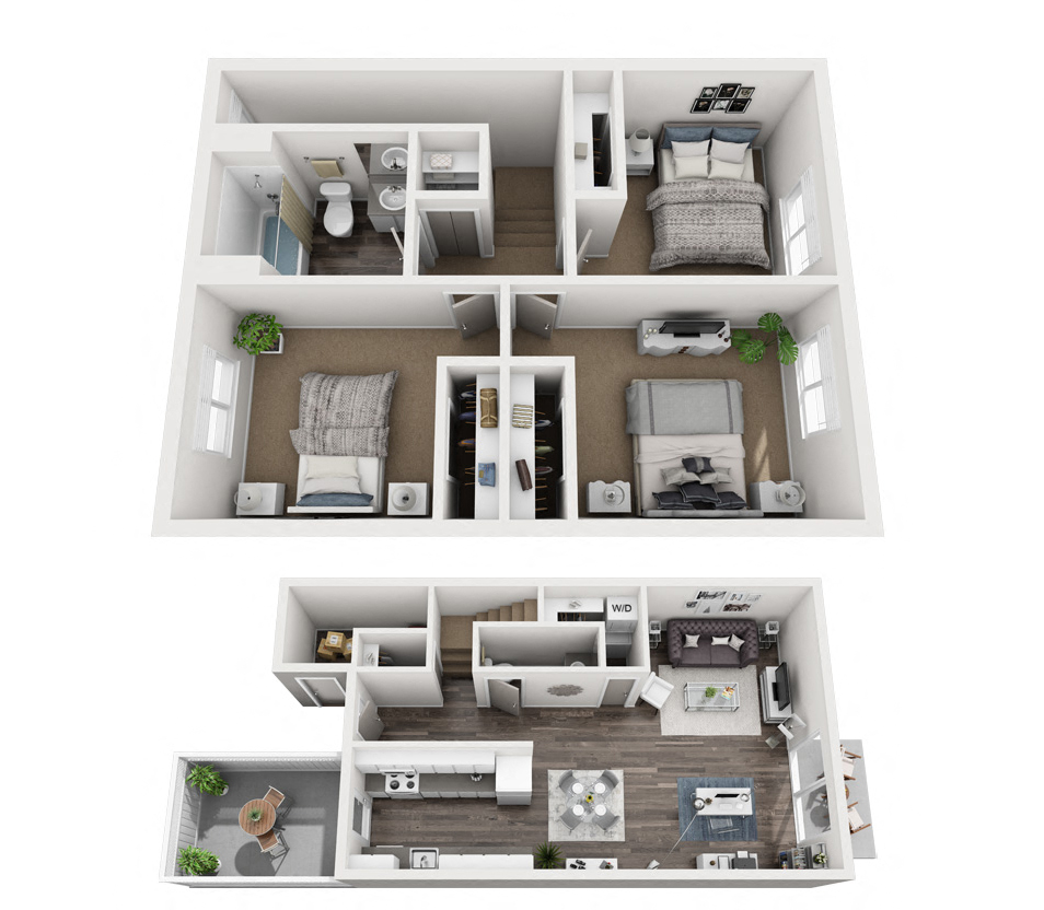 A 3 bedroom floor plan of home at Woodcreek Apartments in Poulsbo, WA.