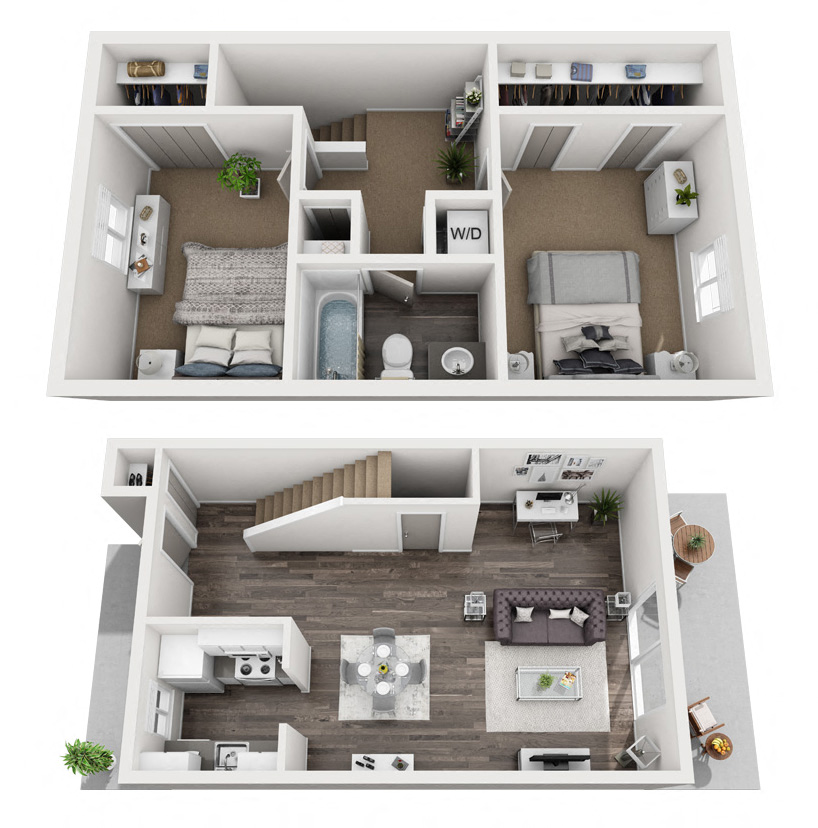 a stylized floor plan of a two bedroom apartment with two bathrooms and a balcony.