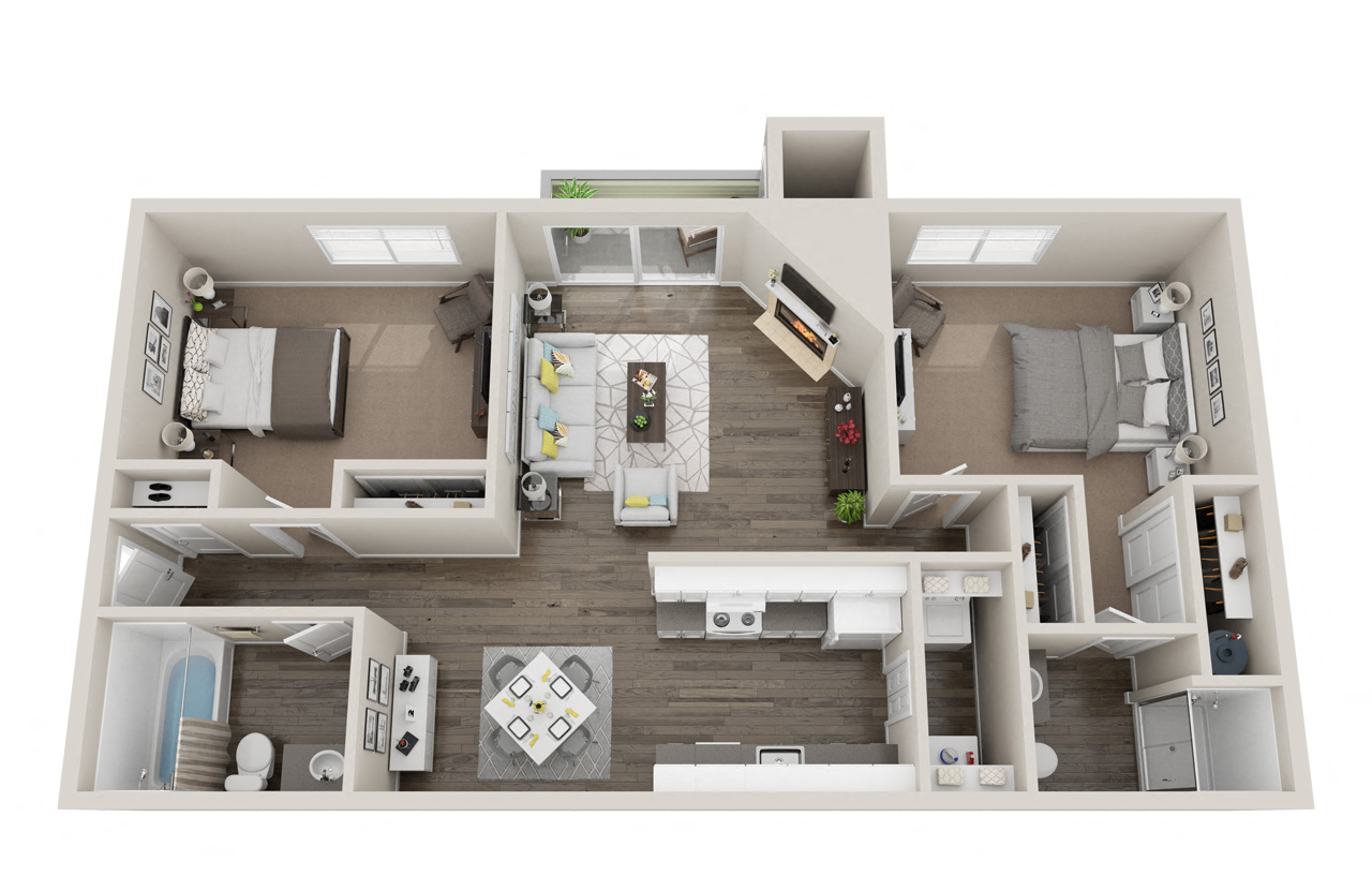 A 2 bedroom floor plan with virtual staging, in Mountlake Terrace. at Quartz Creek, Mountlake Terrace