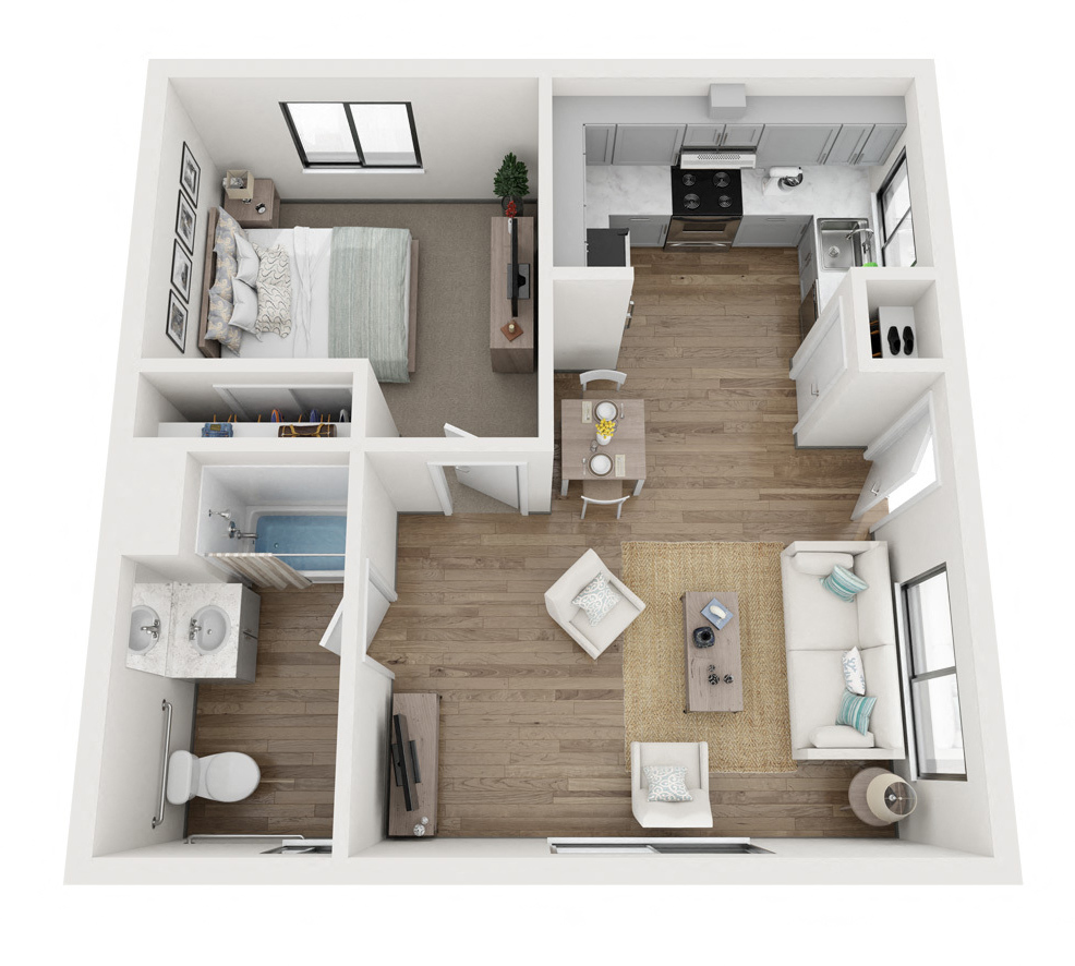 A floor plan of a 1 bed 1 bath staged virtually with furniture.at The Lakes Apartments, Moses Lake