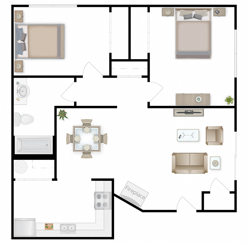 A floor plan of a 2 bed 1 bath in Moses Lake.at The Lakes Apartments, Moses Lake, 98837