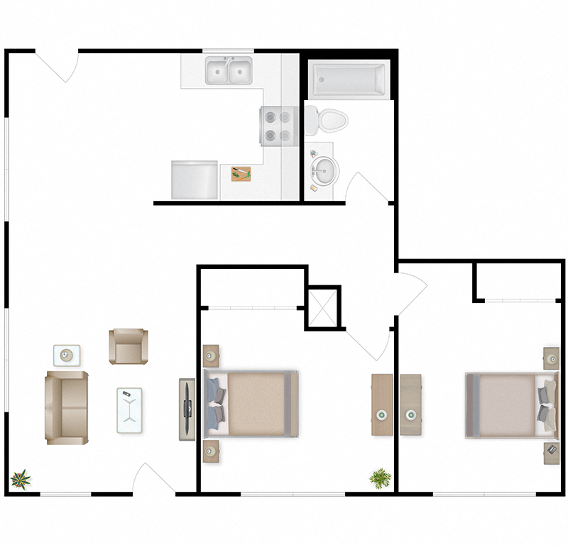 Floor plan of a two bedroom duplex at The Lakes Apartments, Moses Lake, WA