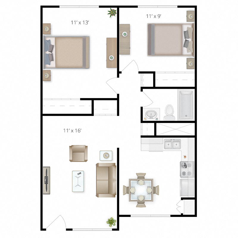 A floor plan of a two bedroom home at The Lakes in Moses Lake, WA.